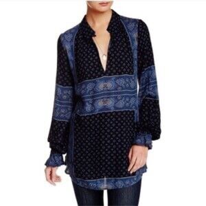 Free People Navy and Black Patterned Tunic XS